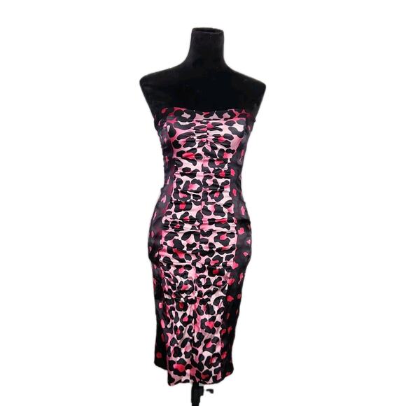 Cache Vintage Y2K Pink Cheetah Print Strapless Ruched Silk Dress Size 4 - Picture 1 of 10